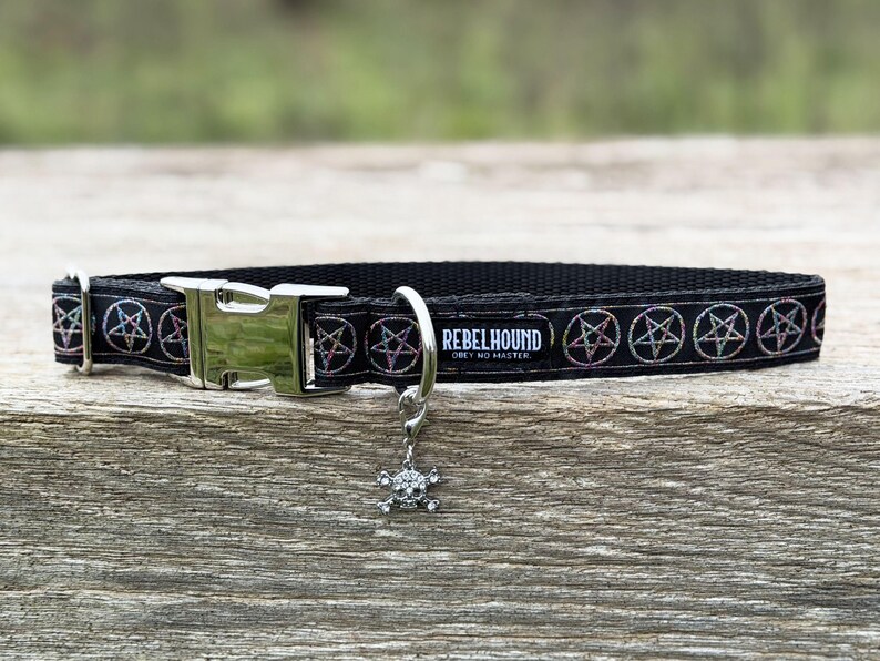 May include: A black pet collar featuring a repeating pattern of iridescent pentagrams. The collar includes a silver-toned plastic buckle, a metal D-ring, and a dangling skull charm. A black fabric tag displays the white text REBELHOUND OBEY NO MASTER.