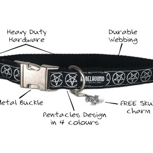 May include: A black pet collar featuring a repeating white pentacle pattern, a silver metal buckle, heavy-duty hardware, and a small skull charm. The webbing is labeled as durable, and the text REBELHOUND NO MASTER is printed on the fabric.