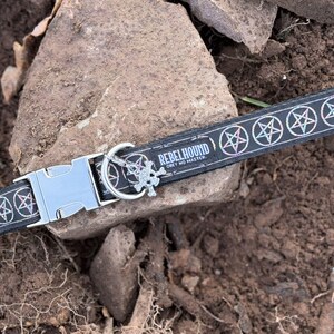 May include: A black pet collar featuring a repeating pattern of white pentagrams with iridescent outlines. The collar includes a silver-toned metal side-release buckle, a D-ring with a skull charm, and text reading REBELHOUND OBEY NO MASTER.