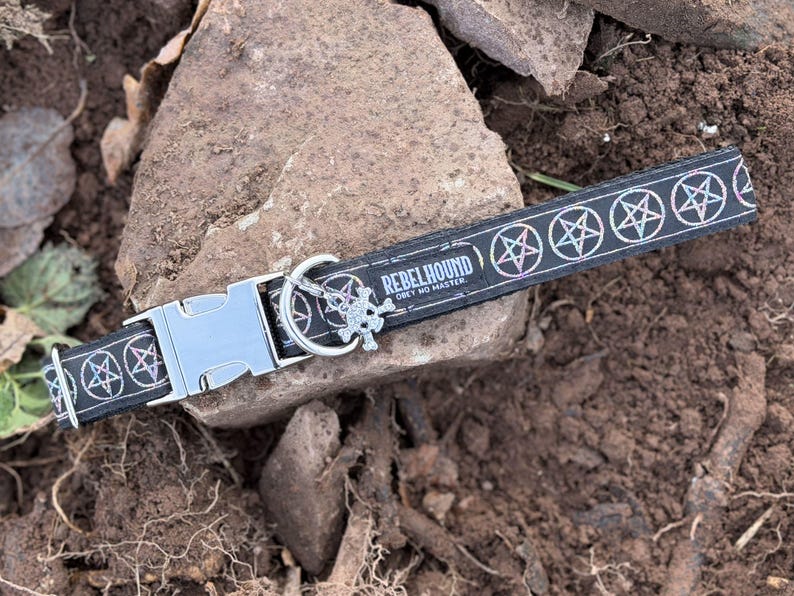 May include: A black pet collar featuring a repeating pattern of white pentagrams with iridescent outlines. The collar includes a silver-toned metal side-release buckle, a D-ring with a skull charm, and text reading REBELHOUND OBEY NO MASTER.
