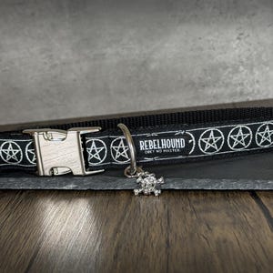 May include: A black pet collar featuring a repeating white pentagram pattern, a silver-toned metal side-release buckle, a D-ring, and a dangling skull charm. The collar displays the text REBELHOUND OBEY NO MASTER in white lettering on the fabric.