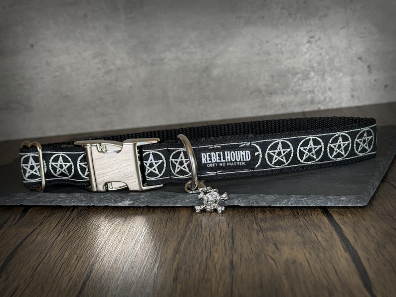 May include: A black pet collar featuring a repeating white pentagram pattern, a silver-toned metal side-release buckle, a D-ring, and a dangling skull charm. The collar displays the text REBELHOUND OBEY NO MASTER in white lettering on the fabric.