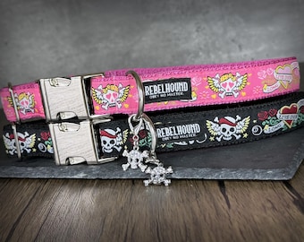 TATTOO Skulls and Hearts Dog Collar – Handmade Adjustable Collar in Pink or Black for Small, Medium and Large Dogs