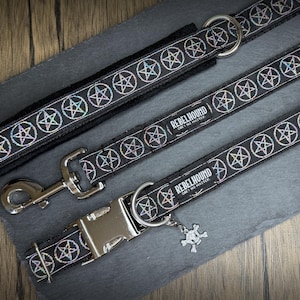 May include: A black pet collar and matching leash set featuring a repeating iridescent pentagram pattern. The collar includes a silver metal side-release buckle, a D-ring, and a skull-shaped charm. The leash has a silver metal swivel snap hook.