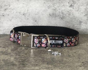 MUERTOS Sugar Skulls Dog Collar – Handmade Adjustable Day of the Dead Halloween Collar for Small, Medium and Large Dogs