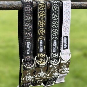 May include: Four pet collars hanging in a row, each featuring a repeating pentagram pattern and a Rebel Hound label. The collars include black and white fabric options with metallic hardware, silver-toned D-rings, and skull-shaped charms.