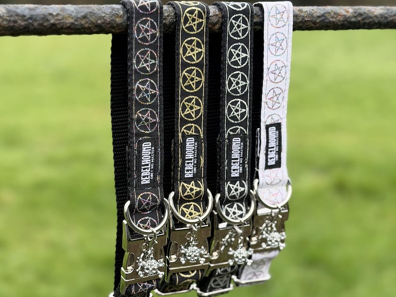 May include: Four pet collars hanging in a row, each featuring a repeating pentagram pattern and a Rebel Hound label. The collars include black and white fabric options with metallic hardware, silver-toned D-rings, and skull-shaped charms.