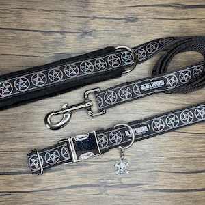 May include: A black dog collar, leash, and handle set with a pentagram pattern. The leash and collar have the text "REBELHOUND" printed on them. The collar has a silver buckle and a skull charm.