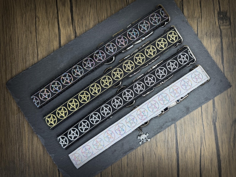 May include: Four adjustable collars featuring a repeating pentagram pattern. Three collars are black with pentagrams in iridescent, gold, and white, while the fourth is white with iridescent pentagrams. Each includes a metal buckle and a skull charm.