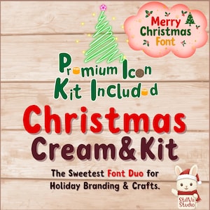 Dúo de fuentes navideñas, fuente de sublimación retro, fuente de logotipo de panadería, ícono de doodle lindo, escritura en línea, calcomanía de Goodnotes, manualidad: crema navideña.