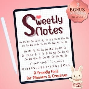 May include: A digital tablet displays the words "Sweetly Notes" in a dark red font, with a heart symbol above the "S". The screen shows a full alphabet and numbers. The text "A Friendly Font for Planners & Creatives" is also visible. A white stylus is on the left.