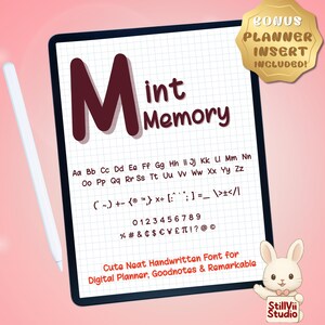 May include: A digital planner font called "Mint Memory" is displayed on a tablet with a stylus. The font includes uppercase and lowercase letters, numbers, and symbols. A gold seal reads "Bonus Planner Insert Included!"