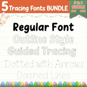 May include: A digital bundle of five tracing fonts, including Regular Font, Outline Style, Guided Tracing, Dotted with Arrows, and Dashed Lines. The image has an Easter theme with a bunny and decorated eggs.