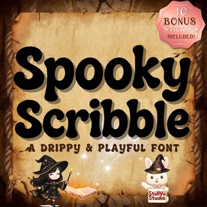 May include: A digital graphic with the words "Spooky Scribble" in a bold, black font. The text "A Drippy & Playful Font" is below. Includes illustrations of a witch and a bunny wearing witch hats. A pink sticker reads "10 Bonus Stickers Included!"