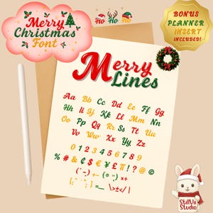 May include: A festive Christmas-themed font sheet with the words "Merry Lines" in red and green. The sheet displays the alphabet, numbers, and symbols in various colors. A bonus planner insert is included. A white stylus and a cartoon bunny are also visible.