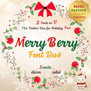 Puede incluir: Gráfico festivo con el texto "Merry Berry Font Duo" en rojo y verde. El diseño incluye un lazo rojo, acebo y un círculo dorado con el texto "Bonus Planner Insert Included!". Un conejo de dibujos animados con un gorro de Papá Noel está en la esquina.