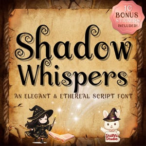 Puede incluir: Gráfico digital con las palabras "Shadow Whispers" en una elegante fuente de escritura negra. La imagen incluye ilustraciones de una bruja y un conejo con sombreros de bruja, y el texto "An Elegant & Ethereal Script Font."