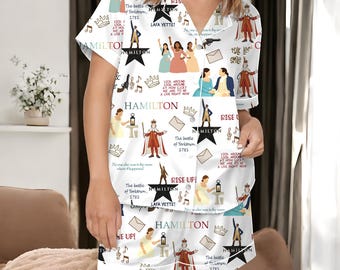Hamilton Musical Satin Pajama Set, Broadway Inspired Sleepwear, Theater Lover Pajamas, Musical Fan Gift, Cozy Short Sleeve PJs