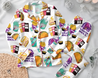 Fast Food Print Pajama Set For Women, Taco Print Sleepwear for Women,  Funny Taco PJs for Food Lovers,Fast Food Sleepwear Women