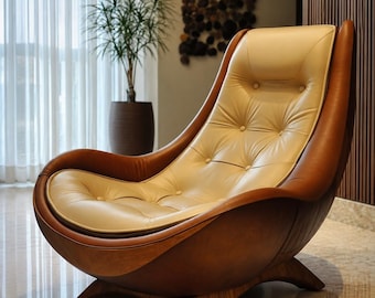Sillón moderno de madera, cojín capitoné color crema, mueble auxiliar de estilo de mediados de siglo.