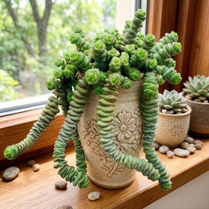 May include: A green succulent plant with stacked, cylindrical leaves cascades from a cream-colored, floral-patterned ceramic pot. The plant sits on a wooden windowsill, with other potted succulents and small stones nearby. The background shows a blurred view of green foliage.