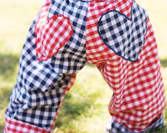 Handmade Gingham Toddler Pants (12-18 Months): Heart Appliqué, Wide Leg Cotton Slacks