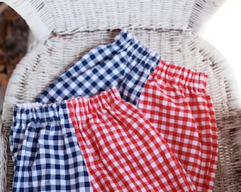 Baby Gingham Pants: Red & Blue Cotton Summer Slacks (0-6m)