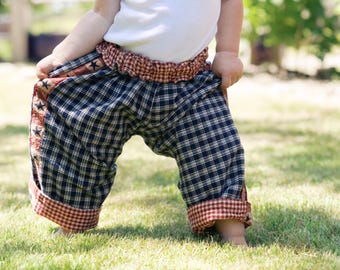 Reversible Baby Pants: Red Gingham & Blue Plaid, 100% Cotton