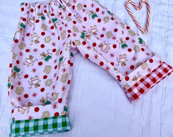 100% Cotton Patchwork Christmas Baby and Toddler Pants l Fully Lined Grow With Me Holiday Pants for Babies and Kids l The Sprouting Stitch