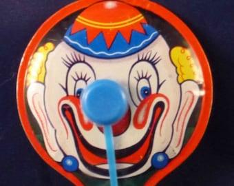 Vintage Clown Tin Noisemaker Toy, 1960s