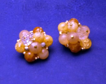 Vintage Western Germany Amber Beaded Clip On Earrings, 1960s