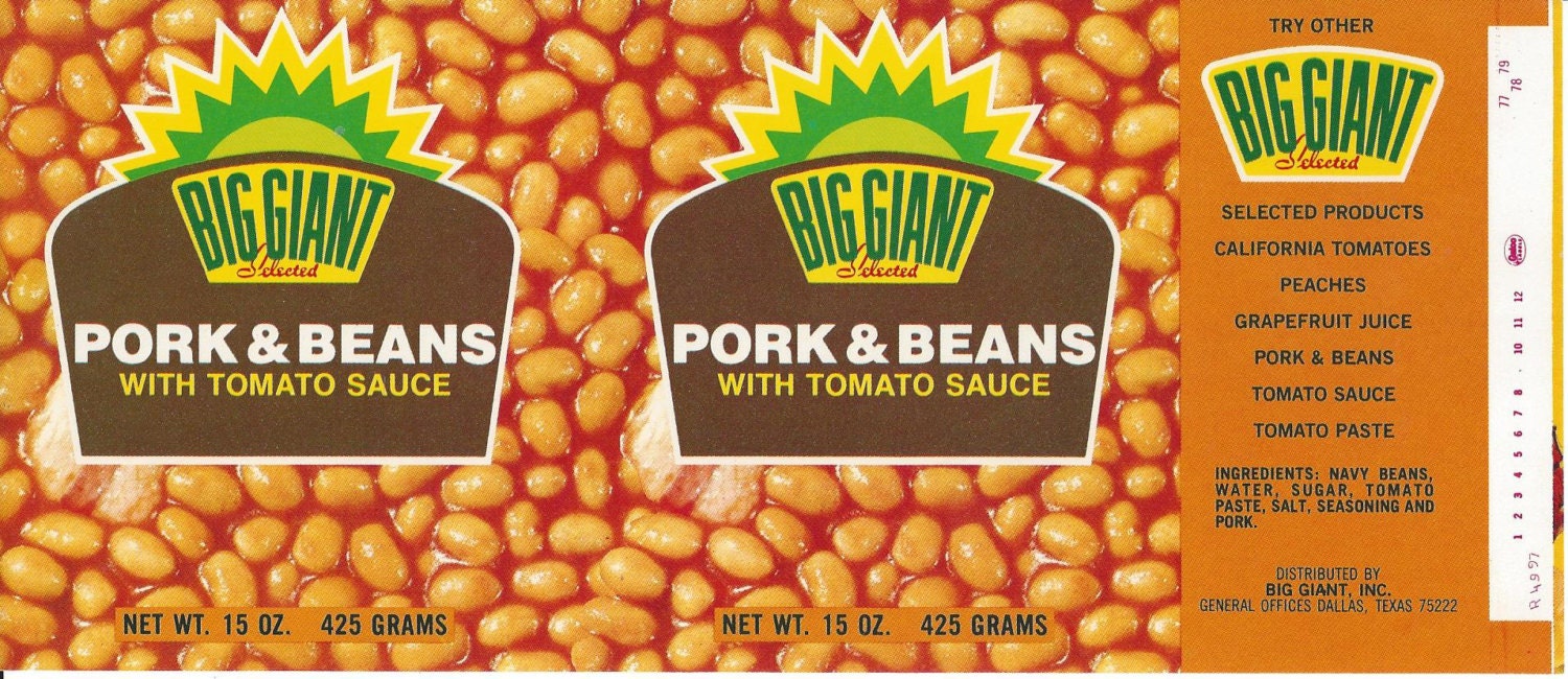 Big Giant Pork & Beans Vintage Can Label 1950s | Etsy