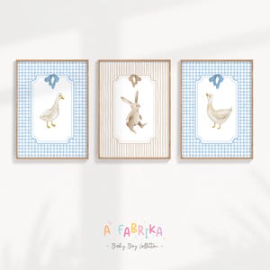 Vintage Farmhouse Nursery Prints: Blue Brown Duck & Bunny Art (Set of 3) (Digital Download)