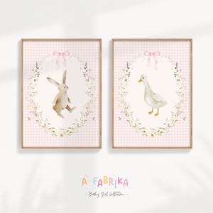 Goose and Bunny Nursery Print Set: Pink Floral Farmhouse Decor (Digital Download)