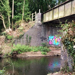 Vibrant Graffiti on Historic Railway Bridge over Serene River - Urban Nature Landscape Photo Print