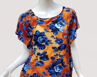 Stretch jersey tunic blouse top caftan kaftan floral orange and blue polyester (size S; US 6)