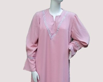 Pink Abaya with Scarf and V-shape ribbon trim (size: US 12 - US 14; L)