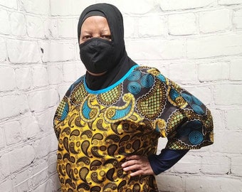 a line kitenge dress Ankara dress raglan sleeve A-line African print kitenge Red hearts and orange diamonds on blue background cotton (US Size 4)