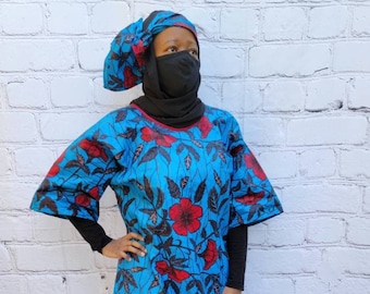 Ankara tunic dress dolman sleeve African Print Kitenge with scarf belt A-line - blue red flowers cotton 3/4 sleeve (US Size 4-8)