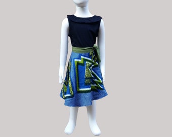 Girl's 2T ankara skirt flared blue/green African print with side belt cotton