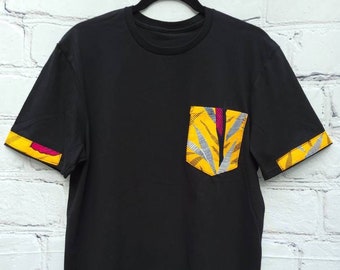 Men's ankara T-shirt black medium size with burnt yellow African print kitenge pocket and sleeve trim