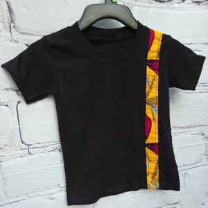 Kid's 3T ankara T-shirt unisex black with burnt yellow African print kitenge band image 1