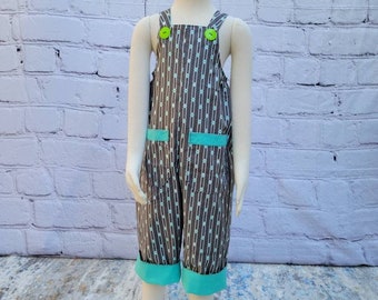 Kid's 2T unisex overalls with pockets gray and teal cotton fully lined