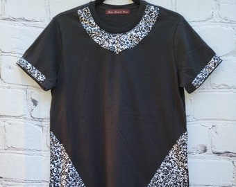 Women's T-shirt black medium with black and white cotton side panels and sleeve trim