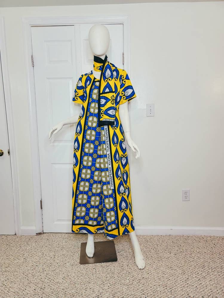 Leso Dress w/ Wrap Swahili African Print Blue and Yellow, A-Line Head Wrap Cotton Scarf (Size US 8)