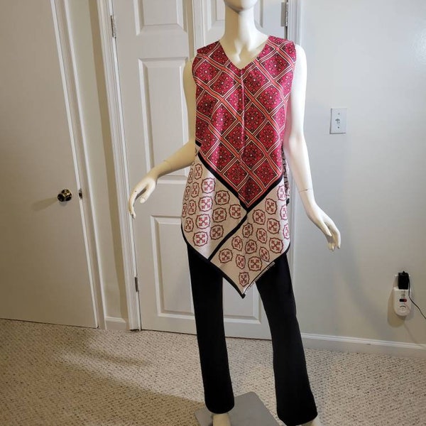 Leso blouse tunic sleeveless handkerchief style swahili African print kitenge blouse white and pink cotton (size US 8-10)