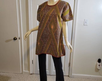 African Print tunic ankara kitenge criss-cross burnt orange and gold/yellow stripes on hexagonal background brown binding (size M; US 8-10)