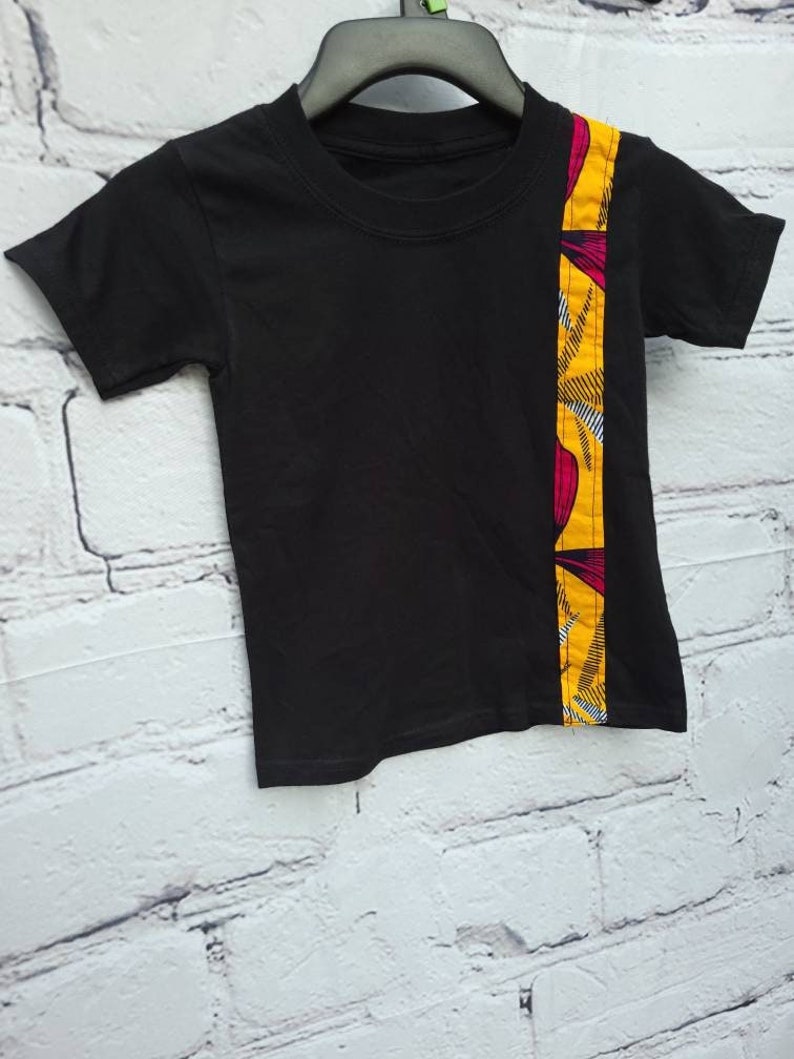 Kid's 3T ankara T-shirt unisex black with burnt yellow African print kitenge band image 1