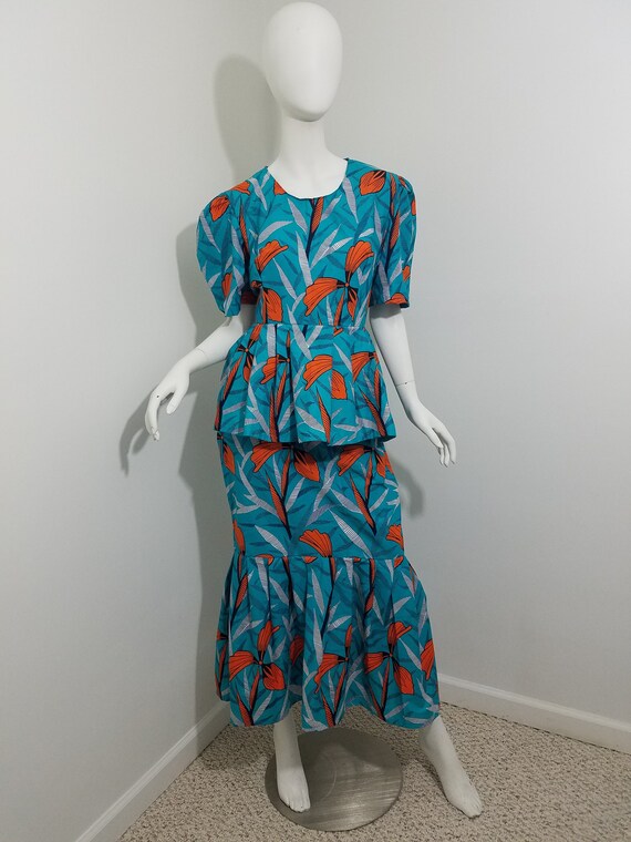 Peplum Blouse Mermaid Skirt Ankara African Print Kitenge Set Turquoise With Orange Floral Pattern Cotton size US 8 Etsy