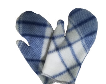 Toddler mittens- blue and white plaid fleece